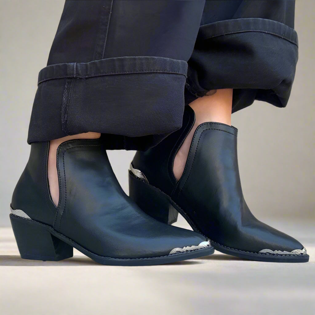 LOTUS: Vegan Leather Wood Heel Ankle Boots Black