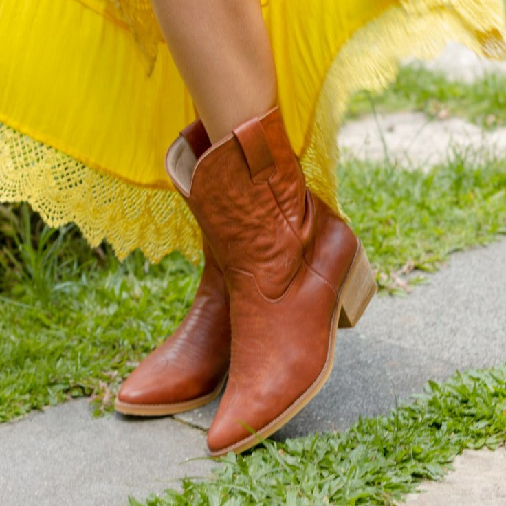 PAMELA Handmade Boots in Embroidered Tan Brown Vegan Eco Leather