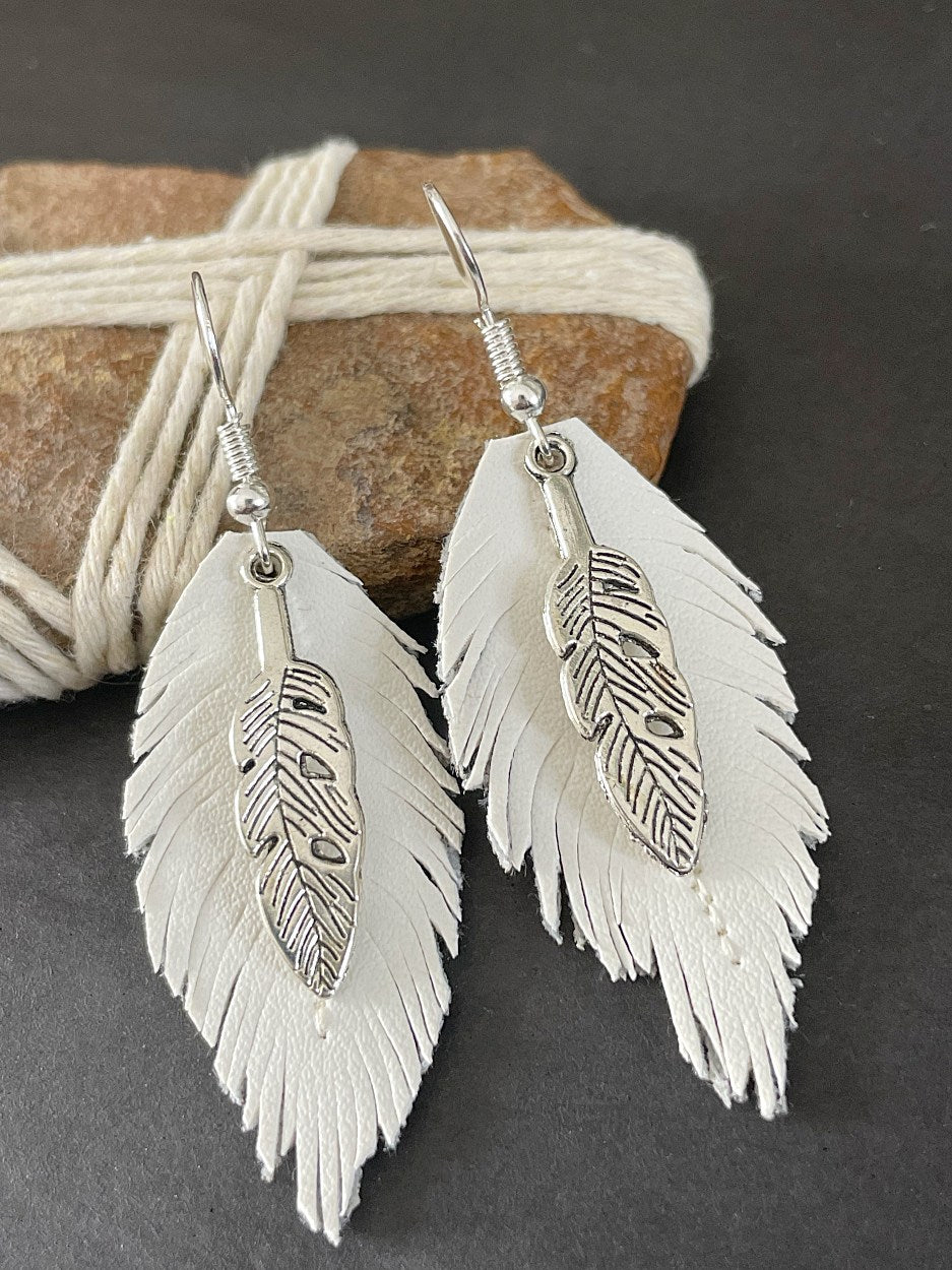 ARIANA Silver Handmade Boho Earrings in White Vegan Eco Leather