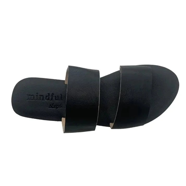 Vegan shoes for women, black vegan leather slides sandals, a cruelty-free alternative and an ethical sustainable choice. Great for summer or holidays, versatile and can be dressed up and worn day to night. Fast delivery from Sydney Australia. Female-owned and vegan small business. Boho style as well as luxe elegant.