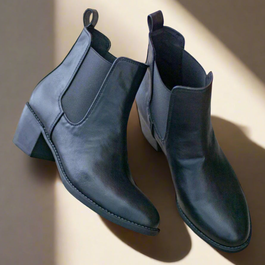 Chrissie is a Chelsea style Vegan boot for women with a comfortable heel. Mindful Steps is a Sydney based Australian label specialising in only in vegan and cruelty-free fashion shoes and accessories for women. We are vegan for the animals. Our materials are strong and eco. All items are handmade in fair work and pay.