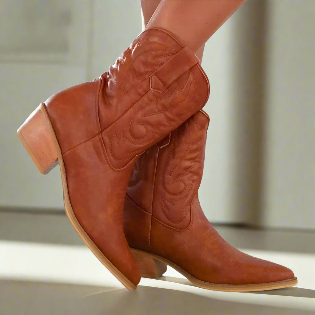 Vegan cowboy boots for women in black. Vegan shoes Australia. Black quality comfortable dressy low cowgirl boots Handmade in fair working conditions in Bali. Vegan Shoes Australia Women's vegan shoes Vegan boots. Vegan shoes and accessories, mules clogs sandals and boots with embroidery.