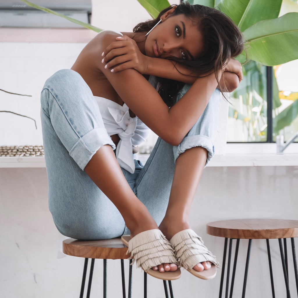 Gigi Fringe Sandal in Cream Vegan Suede