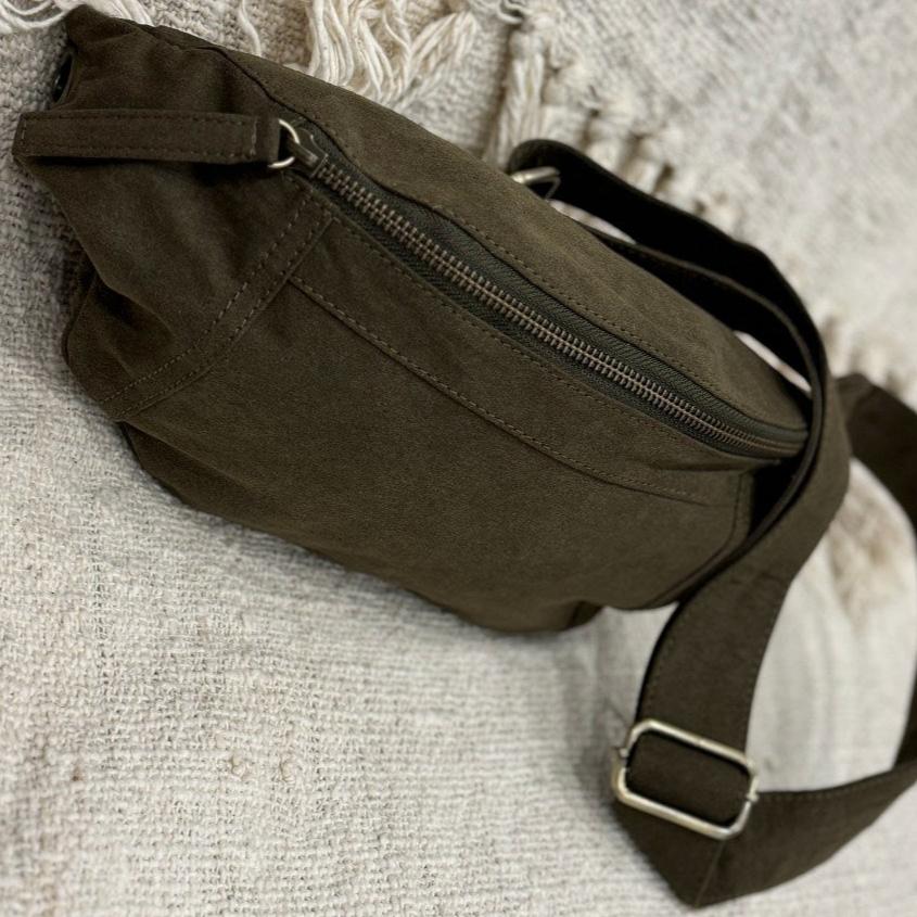 ROBIN: Vegan Leather Sling Bag Khaki Green Suede