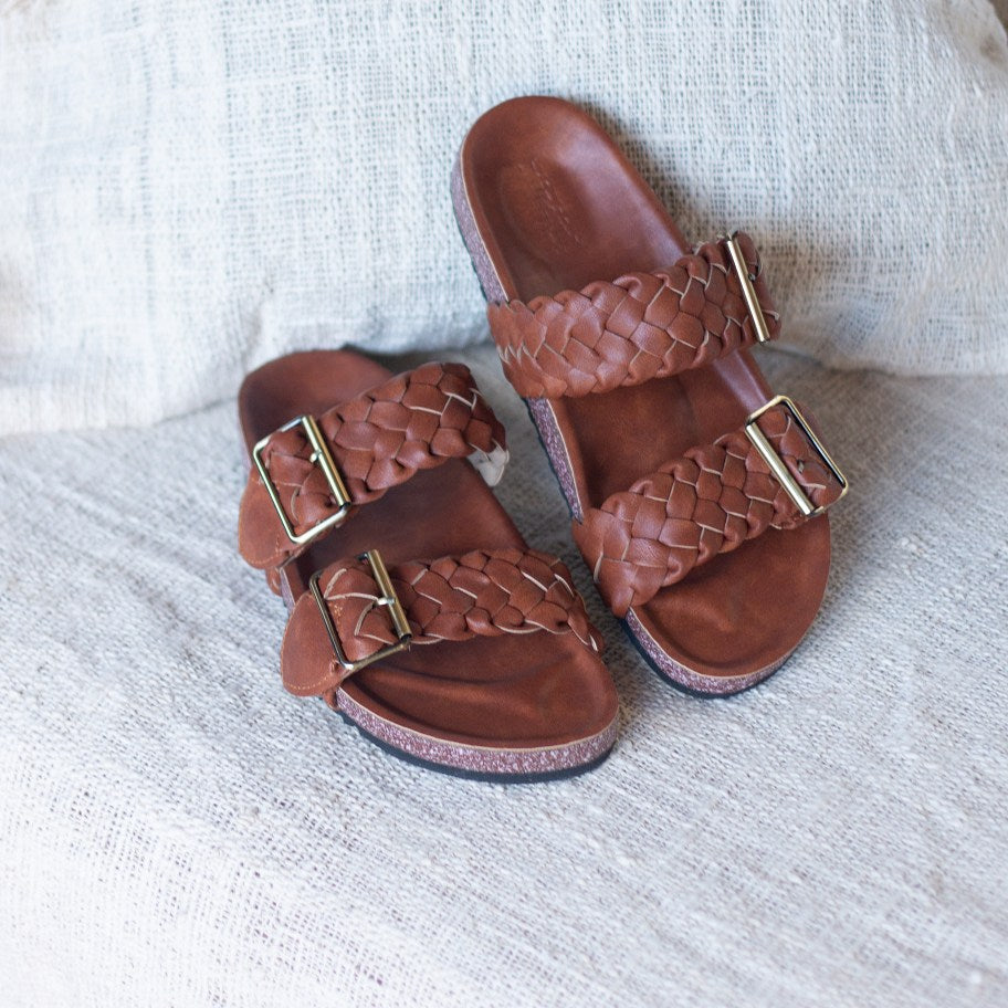 MILEY Handwoven Slides in Tan Vegan Eco-leather