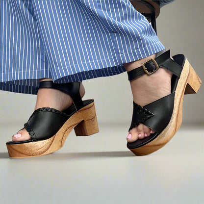 SADIE: Vegan Leather Wood Heels Black