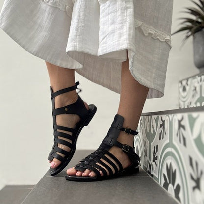 LINDA: Vegan Leather Gladiator Sandals Black
