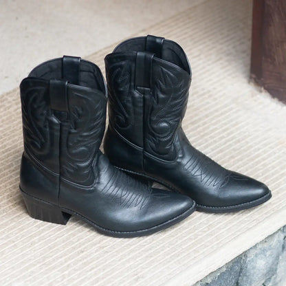Vegan cowboy boots for women in black. Vegan shoes Australia. Black quality comfortable dressy low cowgirl boots Handmade in fair working conditions in Bali. Vegan Shoes Australia Women's vegan shoes Vegan boots. Vegan shoes and accessories, mules clogs sandals and boots with embroidery.