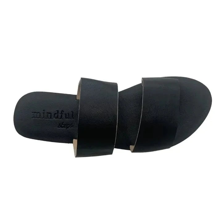 Vegan shoes for women, black vegan leather slides sandals, a cruelty-free alternative and an ethical sustainable choice. Great for summer or holidays, versatile and can be dressed up and worn day to night. Fast delivery from Sydney Australia. Female-owned and vegan small business. Boho style as well as luxe elegant. 