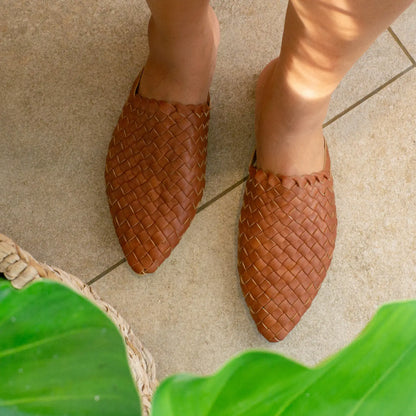 Woven Mules in Brown Tan Vegan Leather Shoes Mindful Steps Boutique