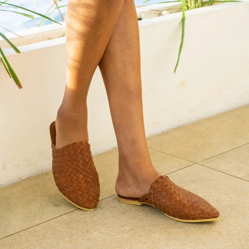 Woven Mules in Brown Tan Vegan Leather Shoes - Mindful Steps Boutique