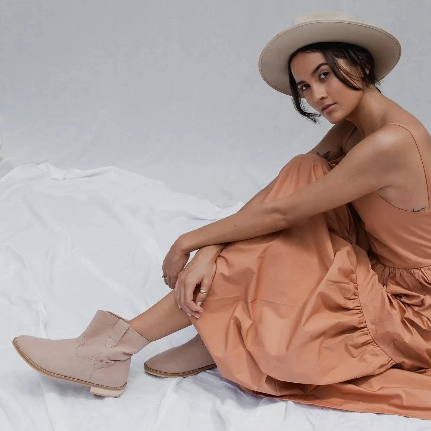 Vegan boots for women Australia. Flat boots beige, light coloured. pointy simple style women's boots. Vegan faux-suede Summer Spring Autumn Winter boots Australia. Handmade in Bali, ethical fashion, female-run business, cruelty-free footwear. Tasmania vegan shoes for women