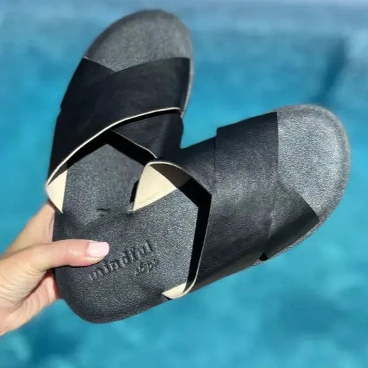 VENUS (Wide Foot) Handmade Black Slides in Vegan Eco Leather