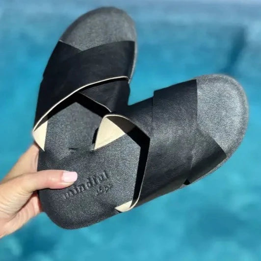 VENUS: Vegan Leather Slides (42 Wide) Black