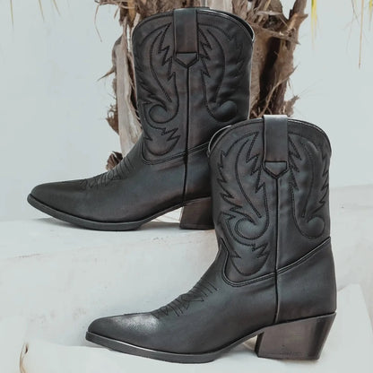 Vegan cowboy boots for women in black. Vegan shoes Australia. Black quality comfortable dressy low cowgirl boots Handmade in fair working conditions in Bali. Vegan Shoes Australia Women's vegan shoes Vegan boots. Vegan shoes and accessories, mules clogs sandals and boots with embroidery.