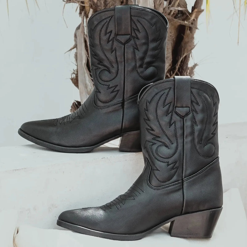 PAMELA Handmade Boots in Embroidered Black Vegan Eco Leather