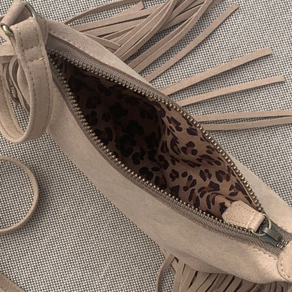 Vegan handbag for women, shoulder crossbody bag with tassels fringing. This fringed tassel bag is handcrafted in Bali using soft microfibre eco-friendly vegan suede.