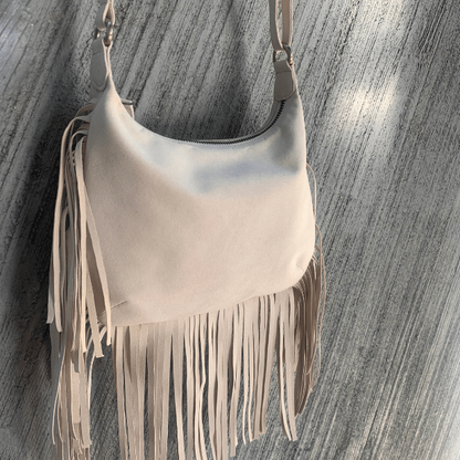 Vegan handbag for women, shoulder crossbody bag with tassels fringing. This fringed tassel bag is handcrafted in Bali using soft microfibre eco-friendly vegan suede.