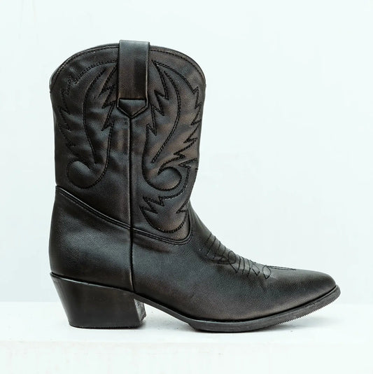 Vegan cowboy boots for women in black. Vegan shoes Australia. Black quality comfortable dressy low cowgirl boots Handmade in fair working conditions in Bali. Vegan Shoes Australia Women's vegan shoes Vegan boots. Vegan shoes and accessories, mules clogs sandals and boots with embroidery.