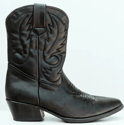 Vegan cowboy boots for women in black. Vegan shoes Australia. Black quality comfortable dressy low cowgirl boots Handmade in fair working conditions in Bali. Vegan Shoes Australia Women's vegan shoes Vegan boots. Vegan shoes and accessories, mules clogs sandals and boots with embroidery.